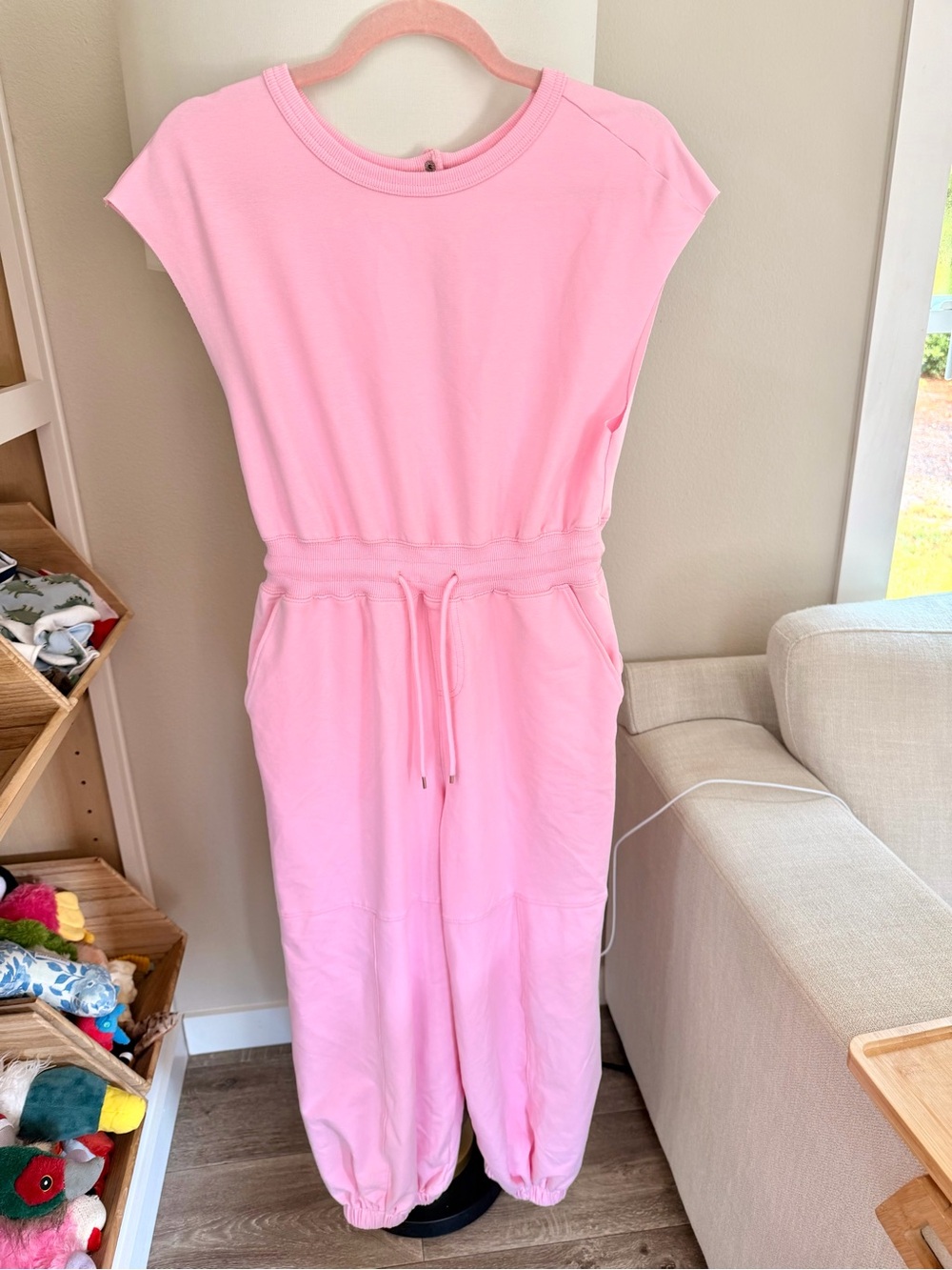Women’s Soft Pink Drawstring Waist Jumpsuit